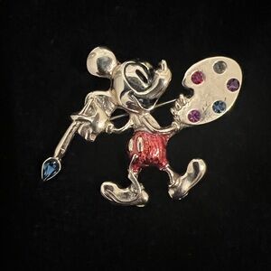 Gold Tone Mickey Mouse Artist Brooch with colorful rhinestones.